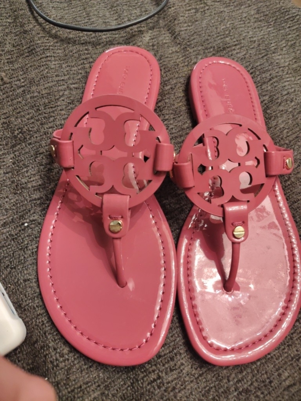 Tory Burch Pink Patent Logo Thong Sandals with Gold Studs